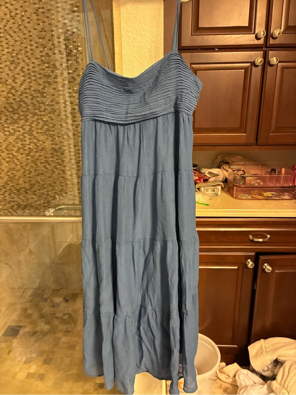 Light Blue Spaghetti-Strap Tiered Maxi Dress